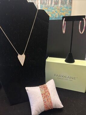 Park Lane Gold Heart Pave Pendant Necklace with Pink Accent Earrings